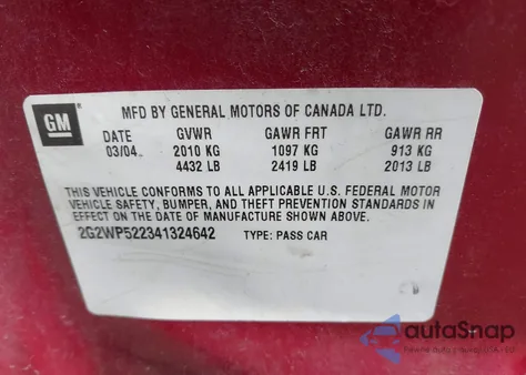 2004 Pontiac Grand Prix Gt1 z USA, uszkodzony, nr VIN 2G2WP522341324642